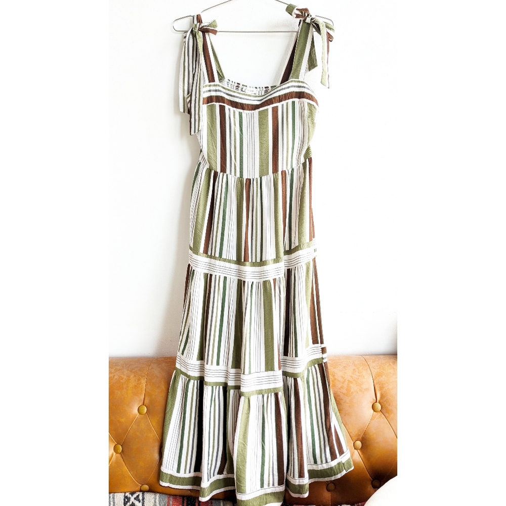 Earthy Boho Tie Strap Green Brown White Striped Maxi Dress Blu Pepper